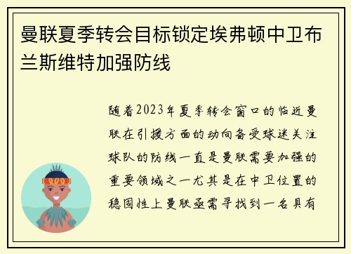 曼联夏季转会目标锁定埃弗顿中卫布兰斯维特加强防线